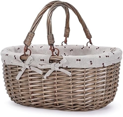 G GOOD GAIN Wicker Picnic Basket with Double Folding Handles, Willow Picnic Hamper, Natural Hand Woven Easter Basket,