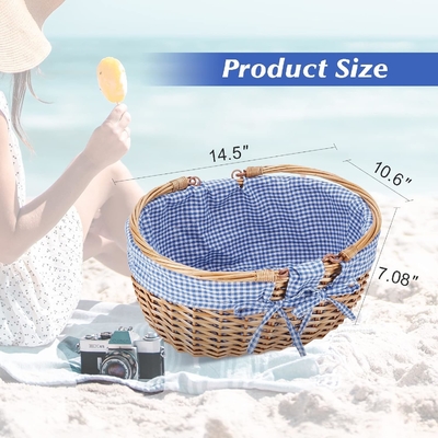 G GOOD GAIN Wicker Picnic Basket with Double Folding Handles, Willow Picnic Hamper, Natural Hand Woven Easter Basket,