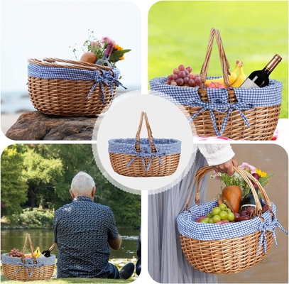 G GOOD GAIN Wicker Picnic Basket with Double Folding Handles, Willow Picnic Hamper, Natural Hand Woven Easter Basket,