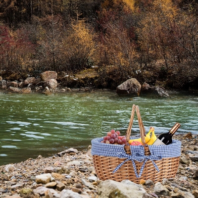 G GOOD GAIN Wicker Picnic Basket with Double Folding Handles, Willow Picnic Hamper, Natural Hand Woven Easter Basket,