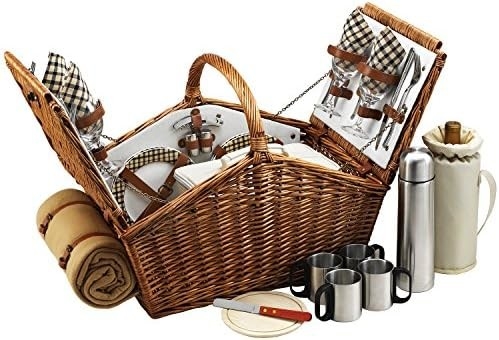 Đi dã ngoại tại Ascot Huntsman Anh-Style Willow Picnic Basket với dịch vụ cho 4, Set cà phê và chăn- thiết kế,