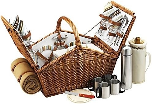 Đi dã ngoại tại Ascot Huntsman Anh-Style Willow Picnic Basket với dịch vụ cho 4, Set cà phê và chăn- thiết kế,