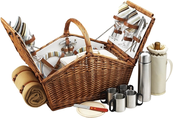 Đi dã ngoại tại Ascot Huntsman Anh-Style Willow Picnic Basket với dịch vụ cho 4, Set cà phê và chăn- thiết kế,