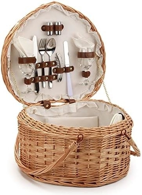 Giỏ dã ngoại cho 2 người dã ngoại hình trái tim rỗng Wicker vải vải Willow gỗ đống ba lô hộp với nắm nắp nắp