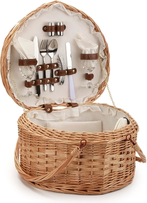 Giỏ dã ngoại cho 2 người dã ngoại hình trái tim rỗng Wicker vải vải Willow gỗ đống ba lô hộp với nắm nắp nắp