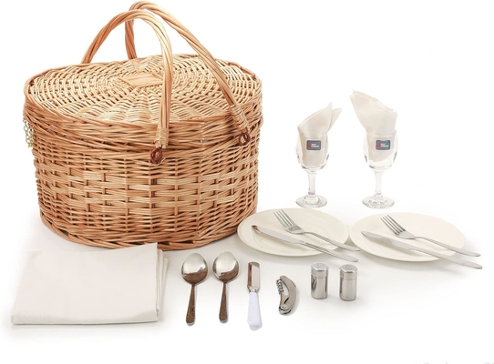 Giỏ dã ngoại cho 2 người dã ngoại hình trái tim rỗng Wicker vải vải Willow gỗ đống ba lô hộp với nắm nắp nắp