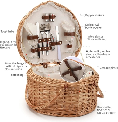 Giỏ dã ngoại cho 2 người dã ngoại hình trái tim rỗng Wicker vải vải Willow gỗ đống ba lô hộp với nắm nắp nắp