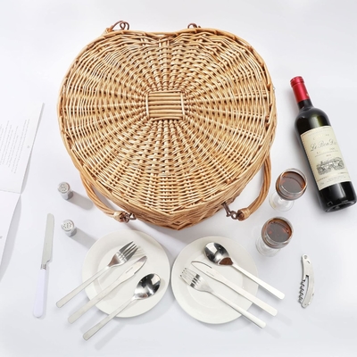Giỏ dã ngoại cho 2 người dã ngoại hình trái tim rỗng Wicker vải vải Willow gỗ đống ba lô hộp với nắm nắp nắp