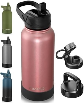 32 oz chai nước cách nhiệt với rơm, thép không gỉ thể thao ly nước chai với 3 nắp (rơm, vòi và nắm nắp