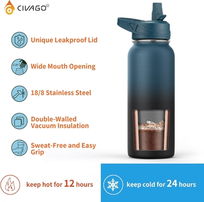32 oz chai nước cách nhiệt với rơm, thép không gỉ thể thao ly nước chai với 3 nắp (rơm, vòi và nắm nắp