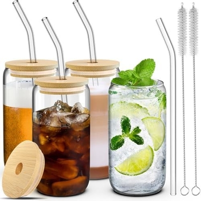 4 Set Cốc thủy tinh với nắp và ống hút 16 oz, Glass Drinking Set, Ice Coffee Cup với nắp tre,
