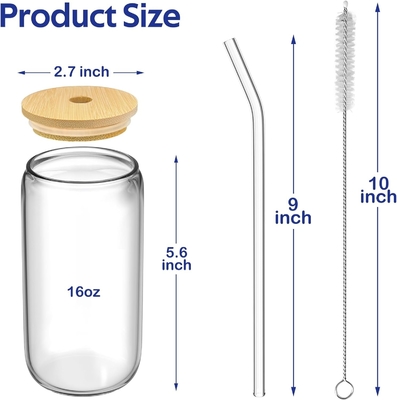4 Set Cốc thủy tinh với nắp và ống hút 16 oz, Glass Drinking Set, Ice Coffee Cup với nắp tre,