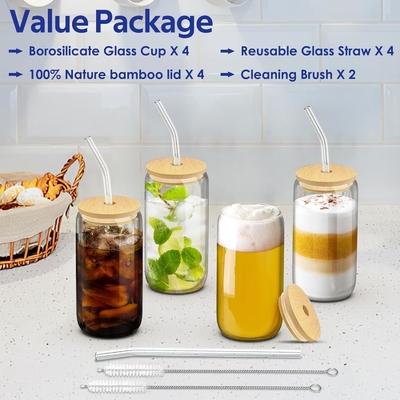 4 Set Cốc thủy tinh với nắp và ống hút 16 oz, Glass Drinking Set, Ice Coffee Cup với nắp tre,