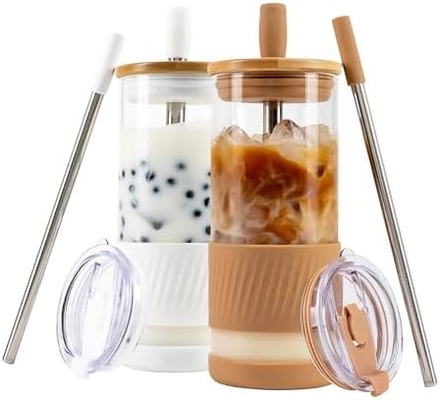 Cốc thủy tinh với nắp và ống hút -20 Fl Oz - Cốc cà phê đá kích thước hoàn hảo - Cốc nước ép với tre