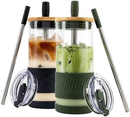 Cốc thủy tinh với nắp và ống hút -20 Fl Oz - Cốc cà phê đá kích thước hoàn hảo - Cốc nước ép với tre