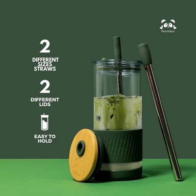 Cốc thủy tinh với nắp và ống hút -20 Fl Oz - Cốc cà phê đá kích thước hoàn hảo - Cốc nước ép với tre