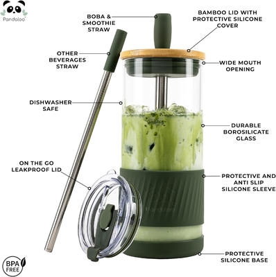Cốc thủy tinh với nắp và ống hút -20 Fl Oz - Cốc cà phê đá kích thước hoàn hảo - Cốc nước ép với tre