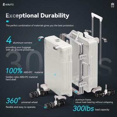 Hành lý không niêm phong với 8 bánh xe 20 inch Hard Shell Suitcase với PC + ABS TSA Lock 4 Metal Corner trắng
