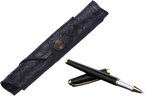 Vintage làm bằng tay da đơn bút Case Holder da bò bút quạt tay tay cuộn gói bút túi (màu khắc đen)
