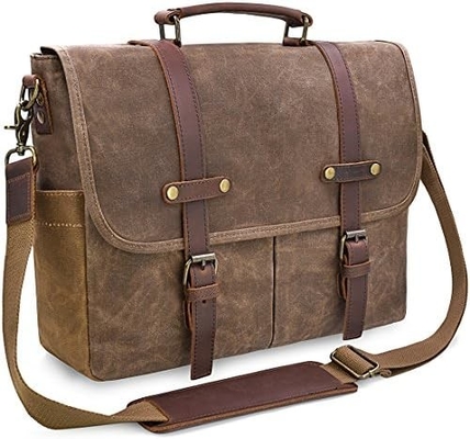 15.6 Inch Waterproof Vintage Genuine Leather Waxed Canvas Briefcase Computer Laptop Bag Rugged Satchel
