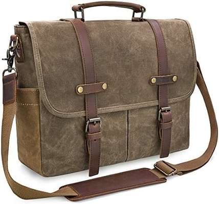 15.6 Inch Waterproof Vintage Genuine Leather Waxed Canvas Briefcase Computer Laptop Bag Rugged Satchel
