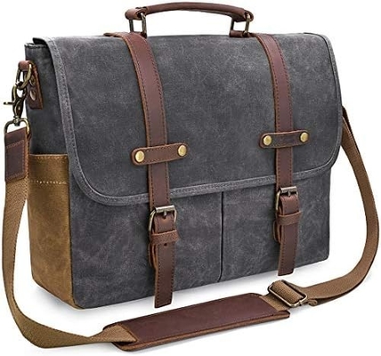 15.6 Inch Waterproof Vintage Genuine Leather Waxed Canvas Briefcase Computer Laptop Bag Rugged Satchel