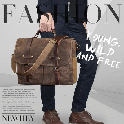 15.6 Inch Waterproof Vintage Genuine Leather Waxed Canvas Briefcase Computer Laptop Bag Rugged Satchel