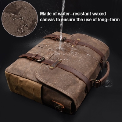 15.6 Inch Waterproof Vintage Genuine Leather Waxed Canvas Briefcase Computer Laptop Bag Rugged Satchel