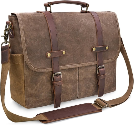 15.6 Inch Waterproof Vintage Genuine Leather Waxed Canvas Briefcase Computer Laptop Bag Rugged Satchel