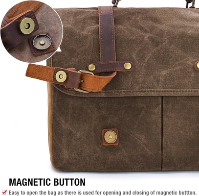 15.6 Inch Waterproof Vintage Genuine Leather Waxed Canvas Briefcase Computer Laptop Bag Rugged Satchel
