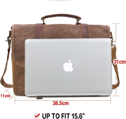 15.6 Inch Waterproof Vintage Genuine Leather Waxed Canvas Briefcase Computer Laptop Bag Rugged Satchel