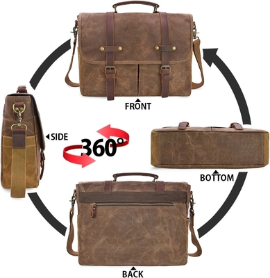 15.6 Inch Waterproof Vintage Genuine Leather Waxed Canvas Briefcase Computer Laptop Bag Rugged Satchel