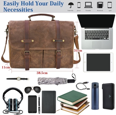 15.6 Inch Waterproof Vintage Genuine Leather Waxed Canvas Briefcase Computer Laptop Bag Rugged Satchel