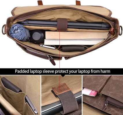 15.6 Inch Waterproof Vintage Genuine Leather Waxed Canvas Briefcase Computer Laptop Bag Rugged Satchel