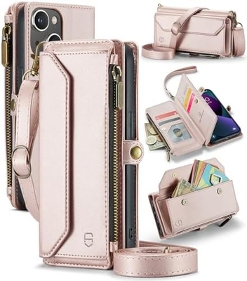 Vỏ iPhone 13, ví zipper với 7 thẻ, dây đeo đeo tay vỗ tay bằng da từ tính