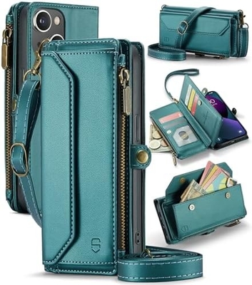 Vỏ iPhone 13, ví zipper với 7 thẻ, dây đeo đeo tay vỗ tay bằng da từ tính