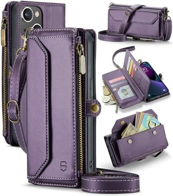Vỏ iPhone 13, ví zipper với 7 thẻ, dây đeo đeo tay vỗ tay bằng da từ tính