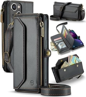 Vỏ iPhone 13, ví zipper với 7 thẻ, dây đeo đeo tay vỗ tay bằng da từ tính