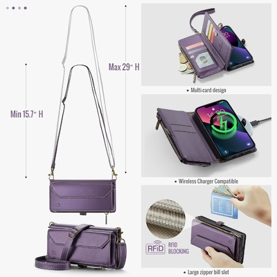 Vỏ iPhone 13, ví zipper với 7 thẻ, dây đeo đeo tay vỗ tay bằng da từ tính