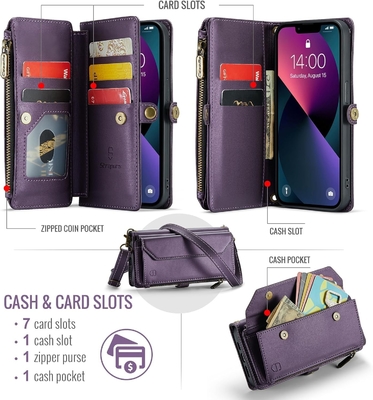 Vỏ iPhone 13, ví zipper với 7 thẻ, dây đeo đeo tay vỗ tay bằng da từ tính