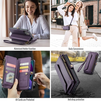 Vỏ iPhone 13, ví zipper với 7 thẻ, dây đeo đeo tay vỗ tay bằng da từ tính