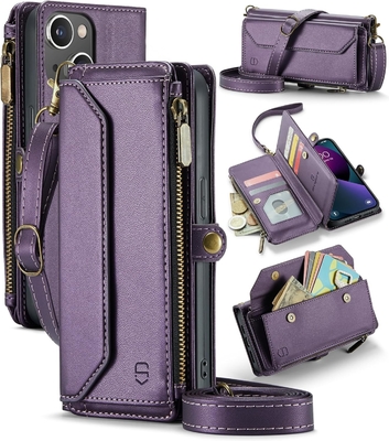 Vỏ iPhone 13, ví zipper với 7 thẻ, dây đeo đeo tay vỗ tay bằng da từ tính