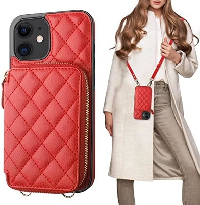 iPhone 12/12 Pro túi chéo, RFID được bảo vệ đeo dây đeo da PU đệm với khe cắm thẻ Split bag wrist strap lanyard