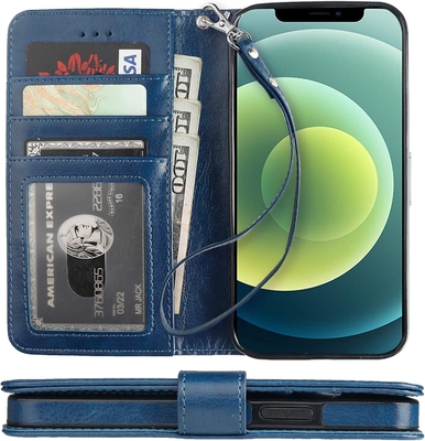 Tương thích với ví iPhone 12 / Pro với thẻ cầm tay PU đứng da chống sốc dây đeo cổ tay clamshell 6.1 inch