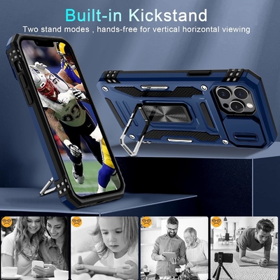 iPhone 12 Pro Max với Slide Camera Cover+Screen Protector ((1 gói), Rotated Ring Kickstand Lớp quân sự chống sốc