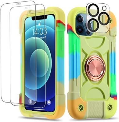 iPhone 12 Pro Max Case 6.7 &quot; - Chống va chạm nặng, Đứng vòng, Màn hình kính &amp; Bảo vệ ống kính máy ảnh (Vàng cầu vồng)