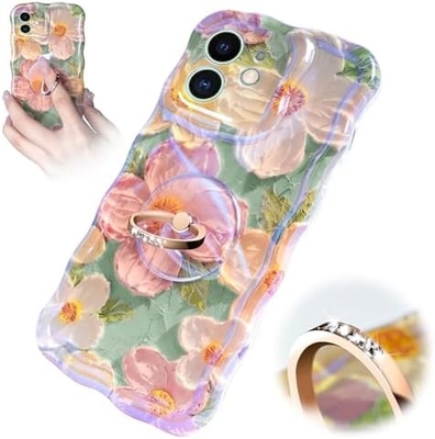 Vỏ iPhone 12 Pro Max Nhẫn, hoa sơn dầu Hoa retro đầy màu sắc khung sóng xoăn dễ thương Vỏ điện thoại nữ