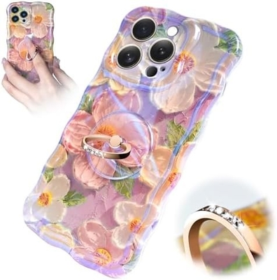 Vỏ iPhone 12 Pro Max Nhẫn, hoa sơn dầu Hoa retro đầy màu sắc khung sóng xoăn dễ thương Vỏ điện thoại nữ