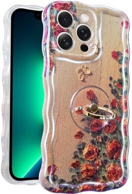 Vỏ iPhone 12 Pro Max Nhẫn, hoa sơn dầu Hoa retro đầy màu sắc khung sóng xoăn dễ thương Vỏ điện thoại nữ