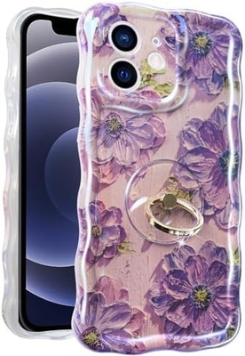 Vỏ iPhone 12 Pro Max Nhẫn, hoa sơn dầu Hoa retro đầy màu sắc khung sóng xoăn dễ thương Vỏ điện thoại nữ